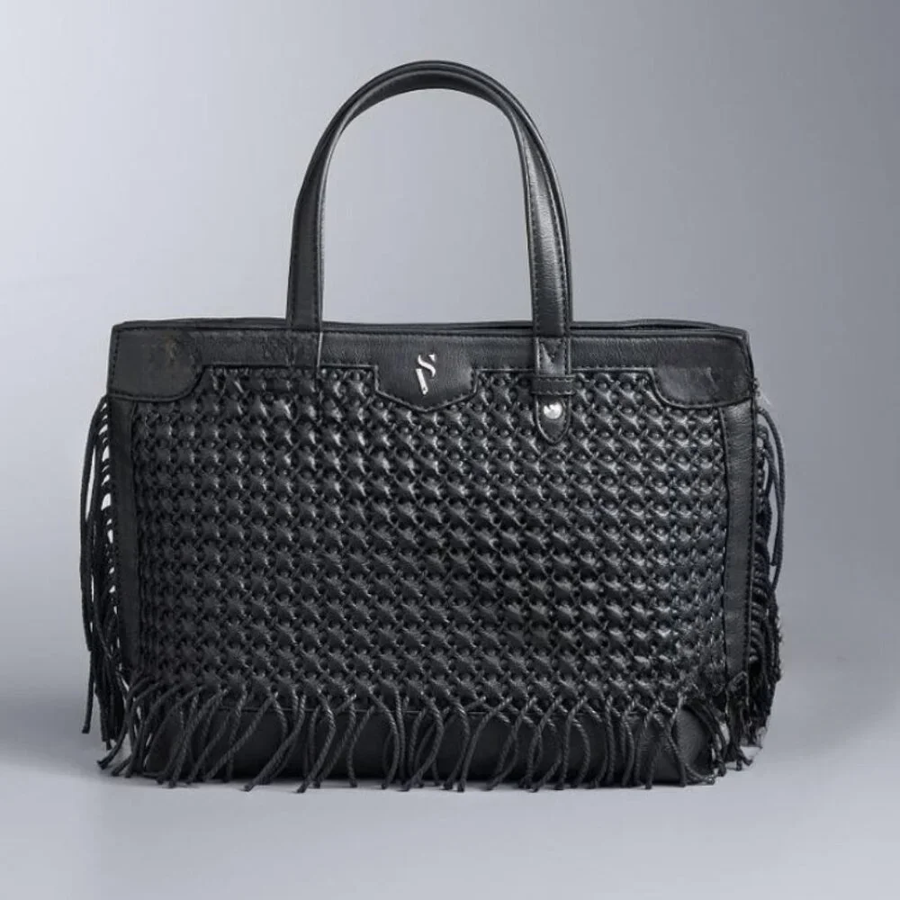 Simply Vera Wang Black Boswell Basketweave Fringe Faux Leather Black Satchel